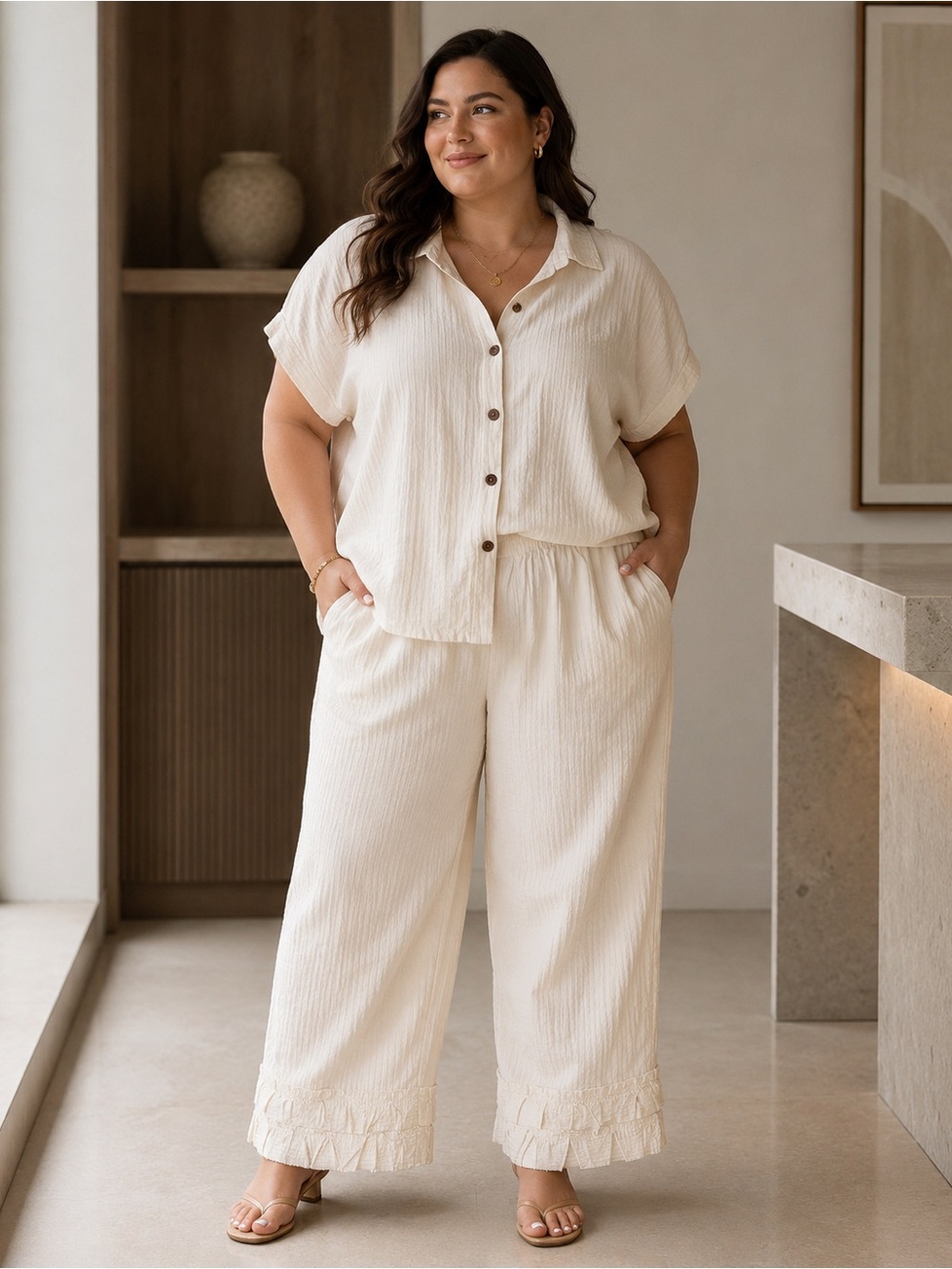 100% cotton Women's Cream Wide-Leg Elastic Waist Pants